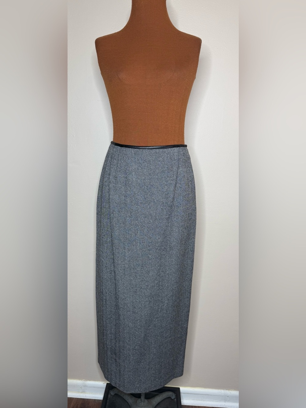 Talbots Wool Maxi Skirt Herringbone Tweed Leather Trim Vintage Size 6
